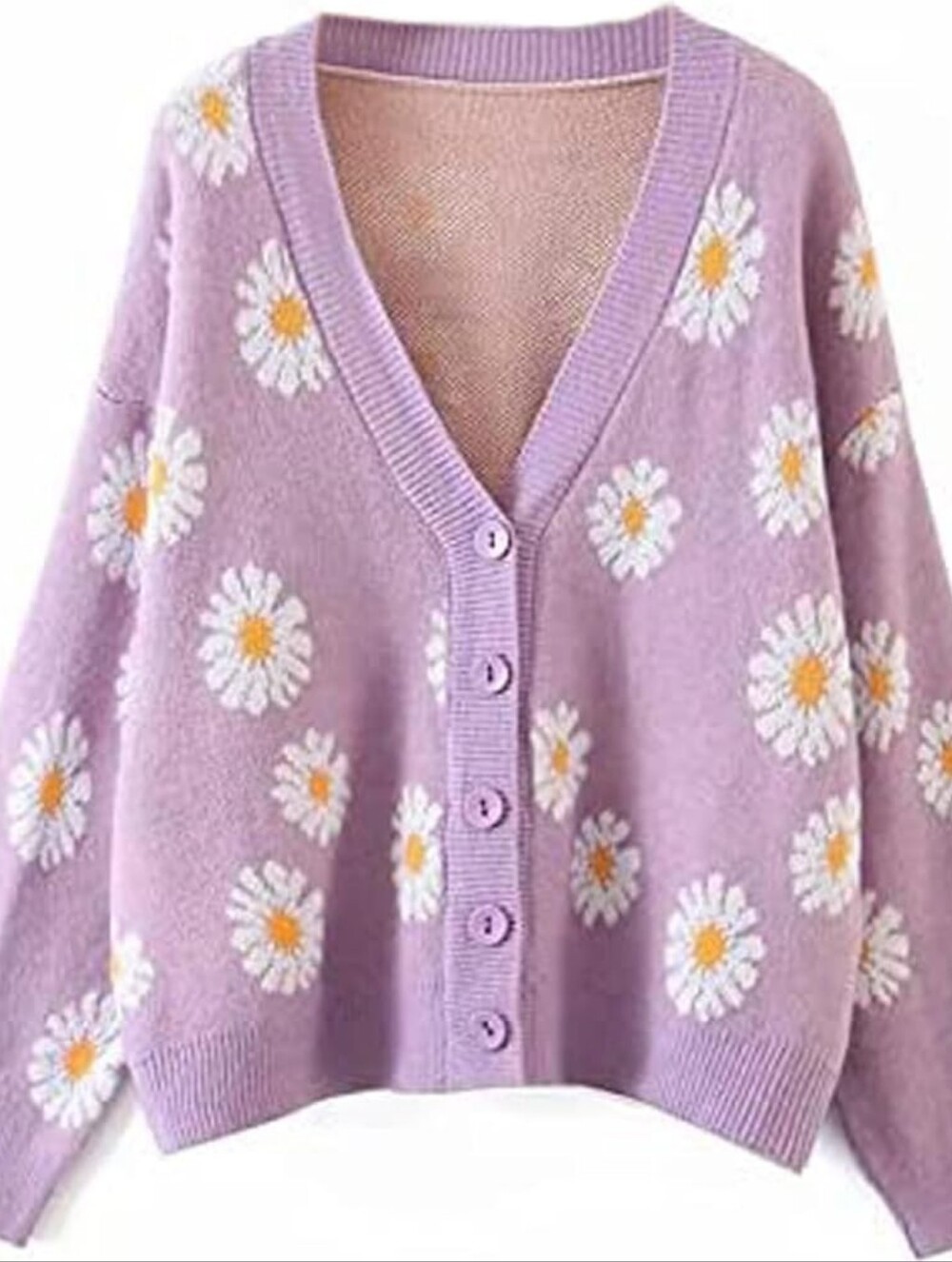 Lilac Daisy V-Neck Button Cardigan Sweater - Women